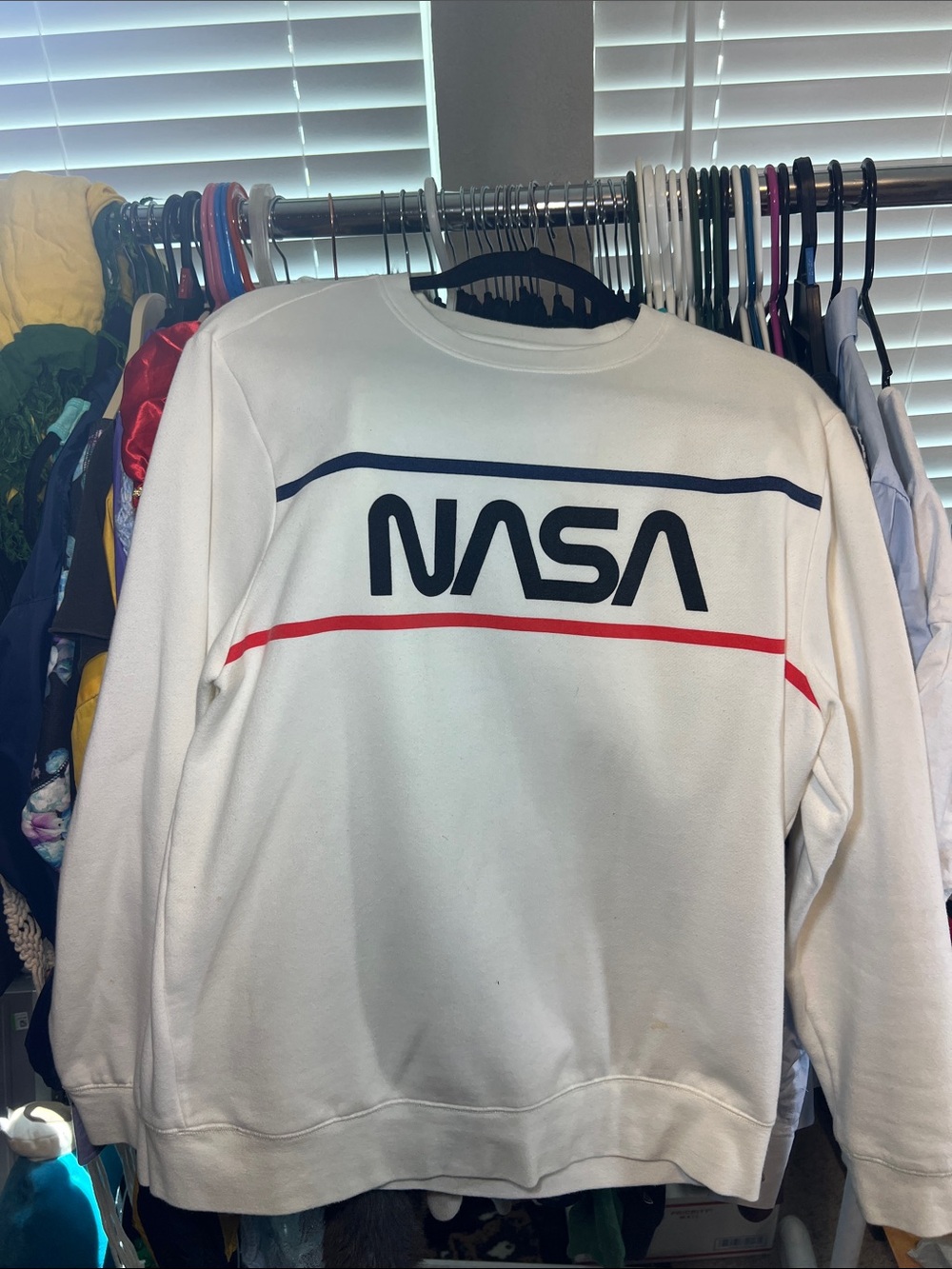 Well Worn White NASA Crewneck with Navy and Red Stripes